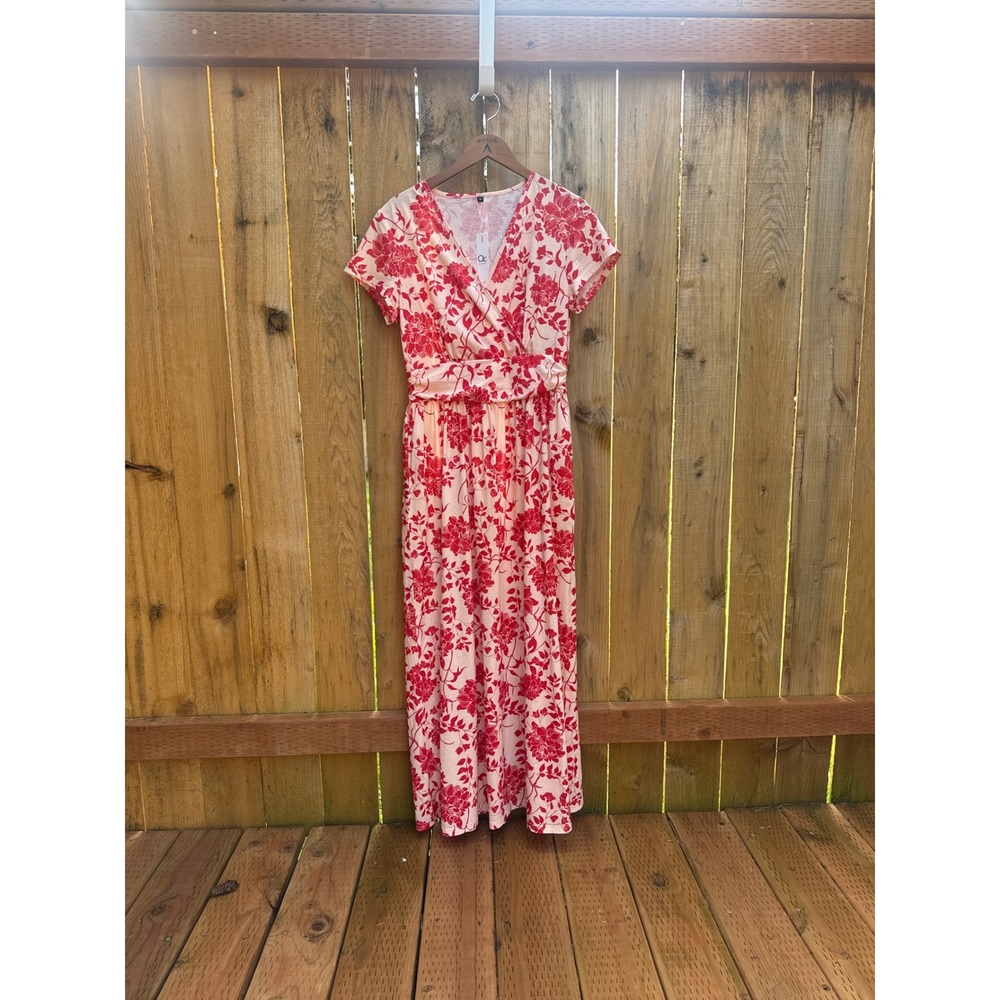 Ouges Women Red Floral Maxi Dress Short Sleeve Wrap V-Neck Empire Waist Pink L